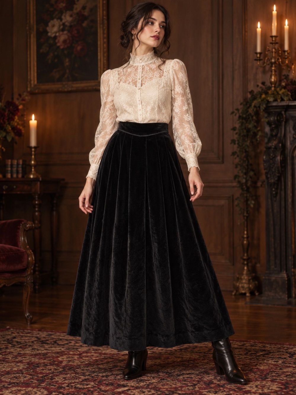 Vintage Susan Bristol Black Velvet Maxi Skirt 12 Dark Romantic Made USA